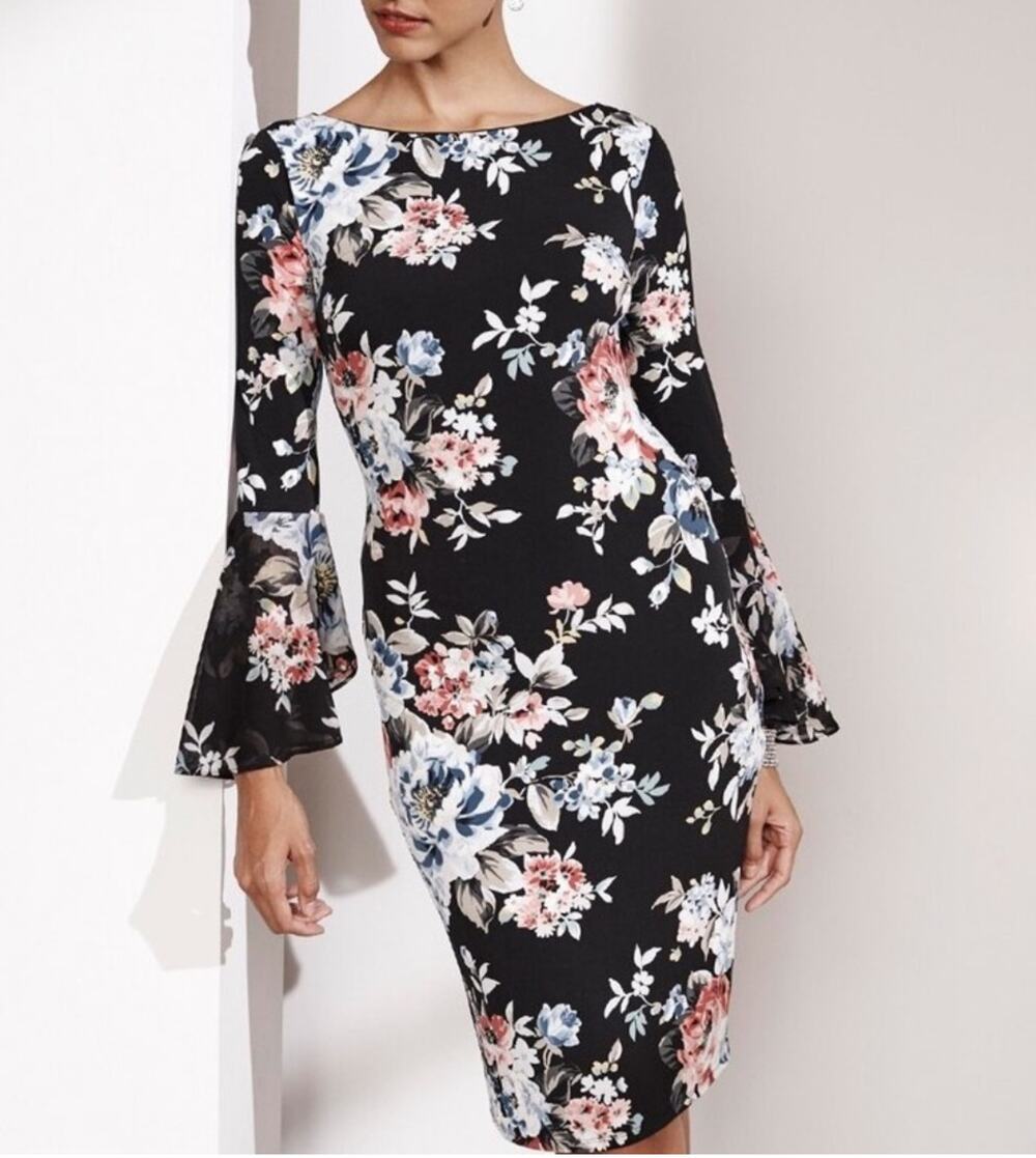 White House Black Market Floral Sheath Dress Boat Neck Long Bell Sleeve Midi